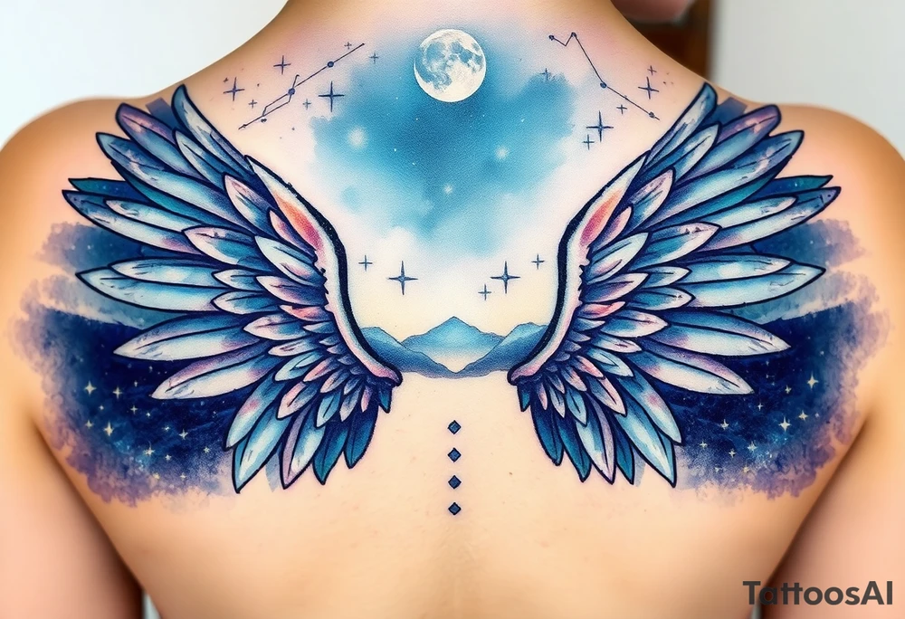 Night sky with constellation, stars  & moon seen from a frame of natural landscape angel wings spiritual tattoo idea