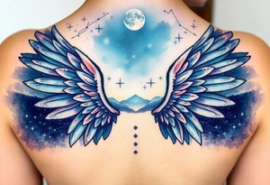 Night sky with constellation, stars  & moon seen from a frame of natural landscape angel wings spiritual tattoo idea