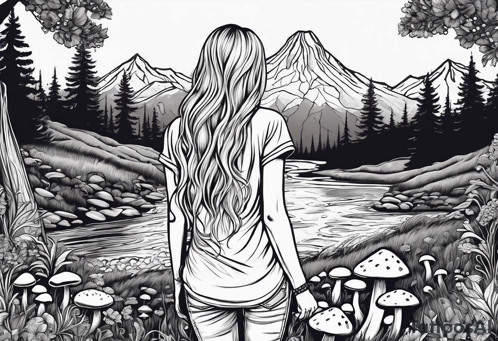 Straight long blonde hair hippie girl in distance holding mushrooms in hand facing away toward mountains and creek surrounded by mushrooms tee shirt and hiking pants tattoo idea