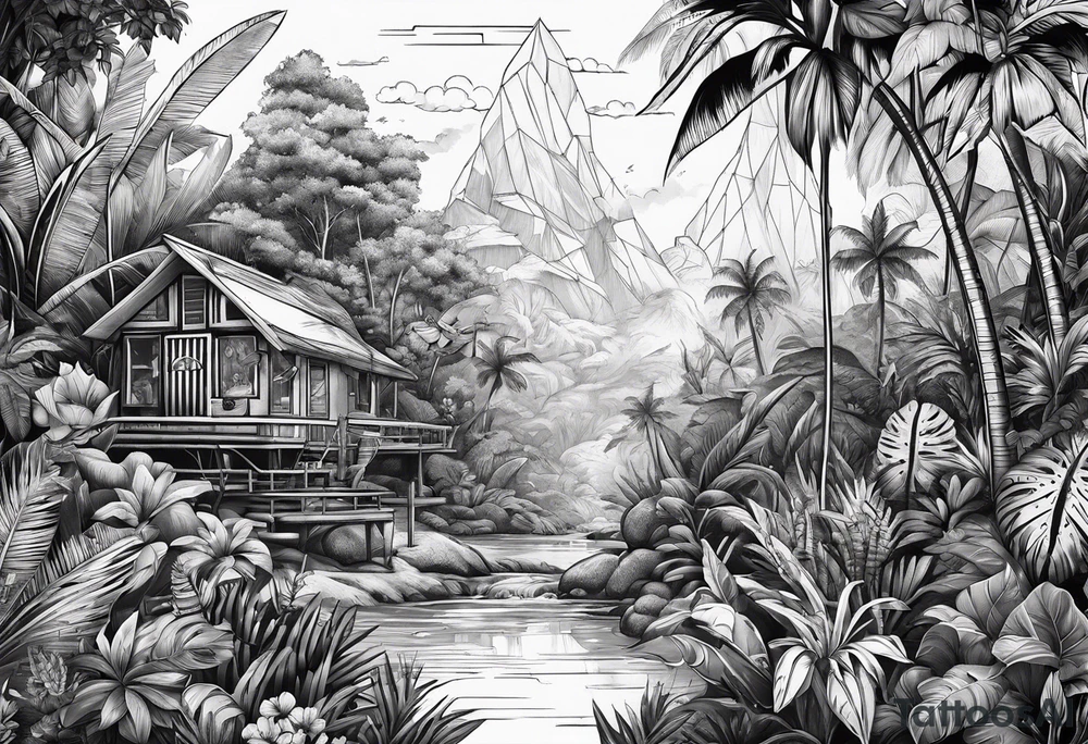 vintage jungle with rocket tattoo idea