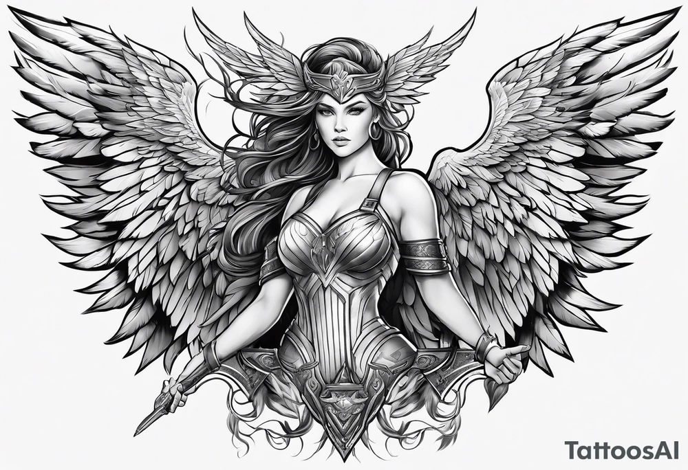 The full body of a Valkyrie with wings tattoo idea