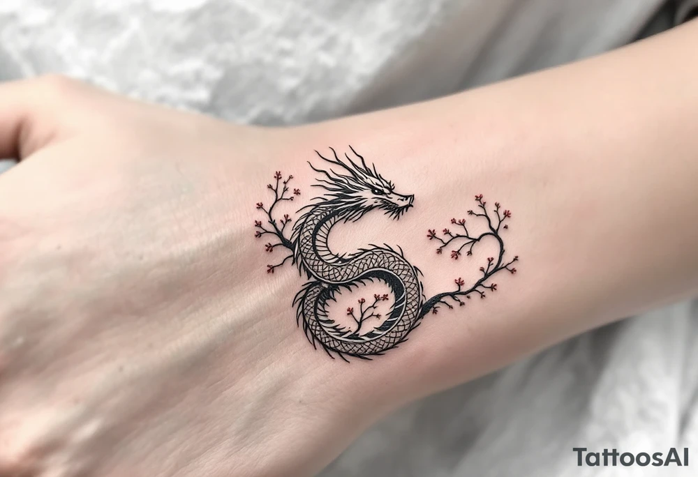 detailed dragon japanese style sakura trees abstract lines dark/rough aesthetic tattoo idea