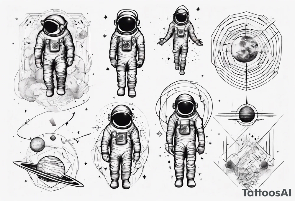Astronaut floating around geometric lines and shapes tattoo idea