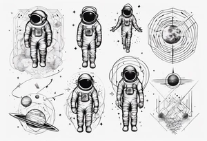 Astronaut floating around geometric lines and shapes tattoo idea