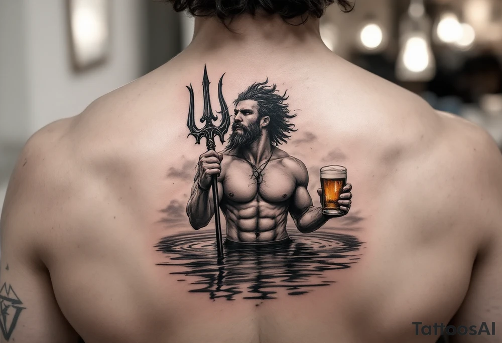 young, fit poseidon in calm water, holding a trident, holding a beer, winking tattoo idea