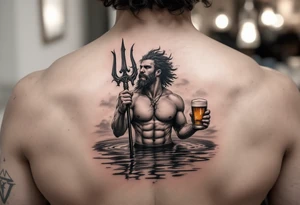 young, fit poseidon in calm water, holding a trident, holding a beer, winking tattoo idea