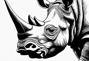 A front-facing rhino head with a sharp elongated tusk that appears angry and fierce. Ears pointed straight up and forward a bit. This rhino if he was in DnD would be a level 20 Paladin tattoo idea