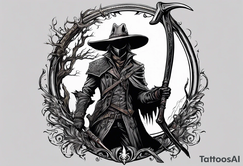 Bloodborne hunter, holding  scythe, howling tattoo idea