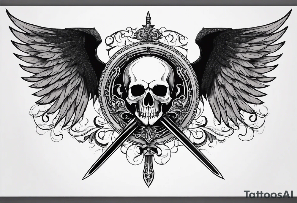 In the center is a half skull pierced by a large sword. On either side of the skull, there are spread angel wings, creating an impression of protection and majesty. Beneath the skull is a ribbon that weaves through both the skull and the sword tattoo idea