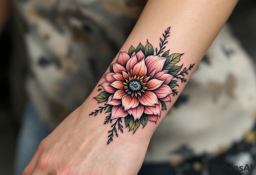 Floral wristband with name "Simon" and numbers 12.2.2022 v 8:08 hidden within petals in dusty rose and olive green. tattoo idea