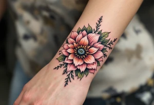 Floral wristband with name "Simon" and numbers 12.2.2022 v 8:08 hidden within petals in dusty rose and olive green. tattoo idea