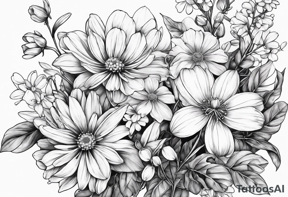 Honeysuckle,3 daisys,cosmos,and snowdrop sleeve tattoo tattoo idea