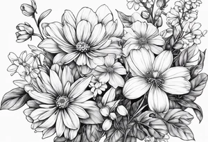 Honeysuckle,3 daisys,cosmos,and snowdrop sleeve tattoo tattoo idea