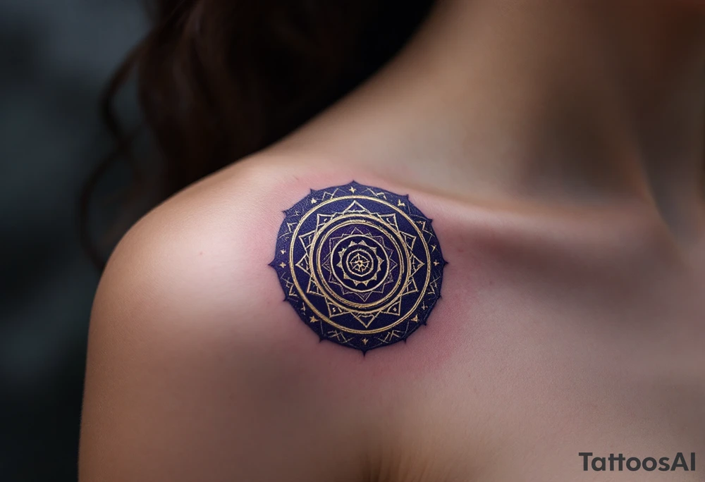 A dark violet magic circle with golden protective markings and layered spell rings. tattoo idea