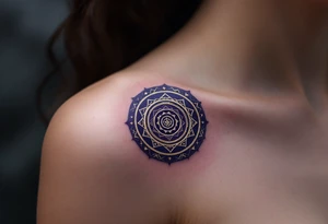 A dark violet magic circle with golden protective markings and layered spell rings. tattoo idea