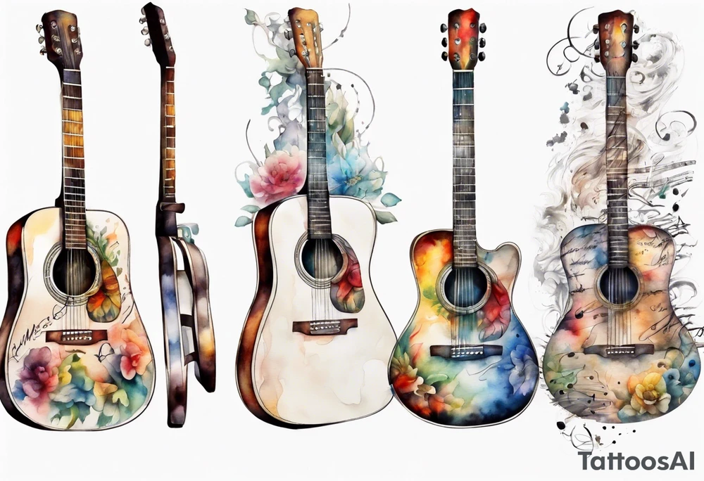 Acoustic Guitar neck with strings made of signatures emerging from skin tattoo idea
