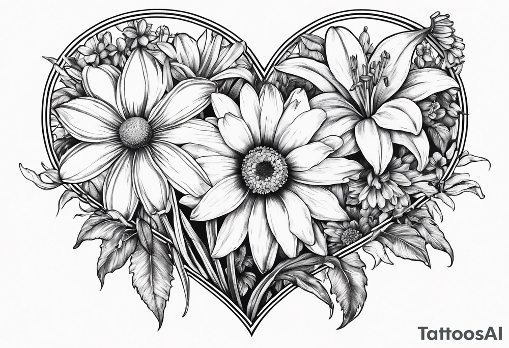 Daisy, lily, narcissus, larkspur, gladiolus, chrysanthemums, in a heart tattoo idea
