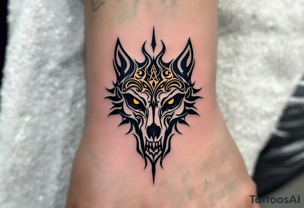 Celtic Wolf Skull Motif – A stylized gray wolf skull with black and bronze Celtic swirls emerging from the jaw and eye sockets, representing ancestral spirits. tattoo idea