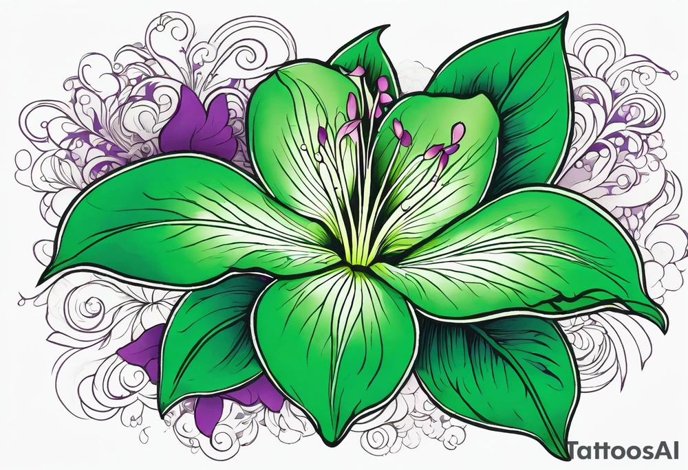 An outline of a green rio dipladenia flower and a green/purple splash in the background tattoo idea