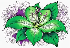An outline of a green rio dipladenia flower and a green/purple splash in the background tattoo idea