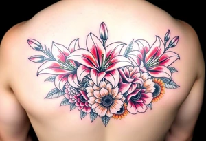 Arm sleeve 6 fully bloomed, stargazer lilies with 2 budded lilys pink red and yellow roses hydrangea and sunflowers filling area around lilys bright and colorful tattoo idea