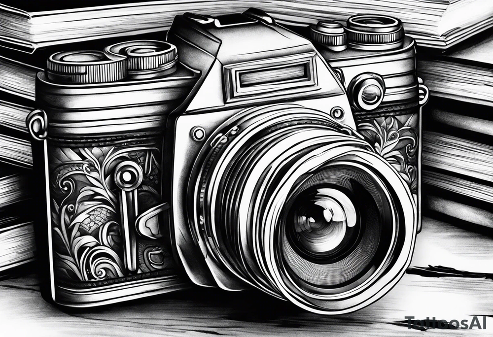 Camera on a stack of books tattoo idea
