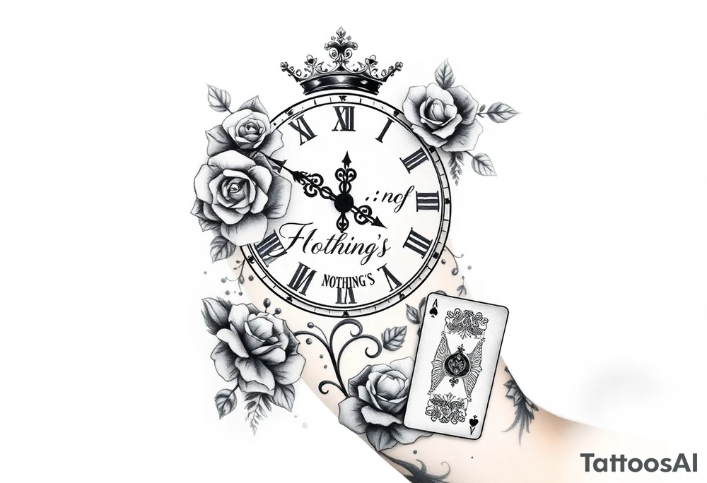 Roman clock with roses and a crown,  a quote that says nothings forever. and on the bottom a deck of cards tattoo idea