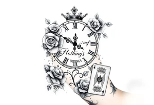 Roman clock with roses and a crown,  a quote that says nothings forever. and on the bottom a deck of cards tattoo idea