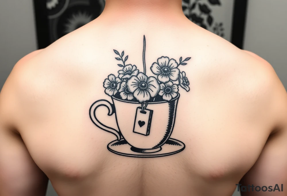 Cup of tea simple vintage small flowers love heart with a tea bag hanging out of the cup tattoo idea