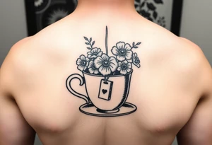 Cup of tea simple vintage small flowers love heart with a tea bag hanging out of the cup tattoo idea