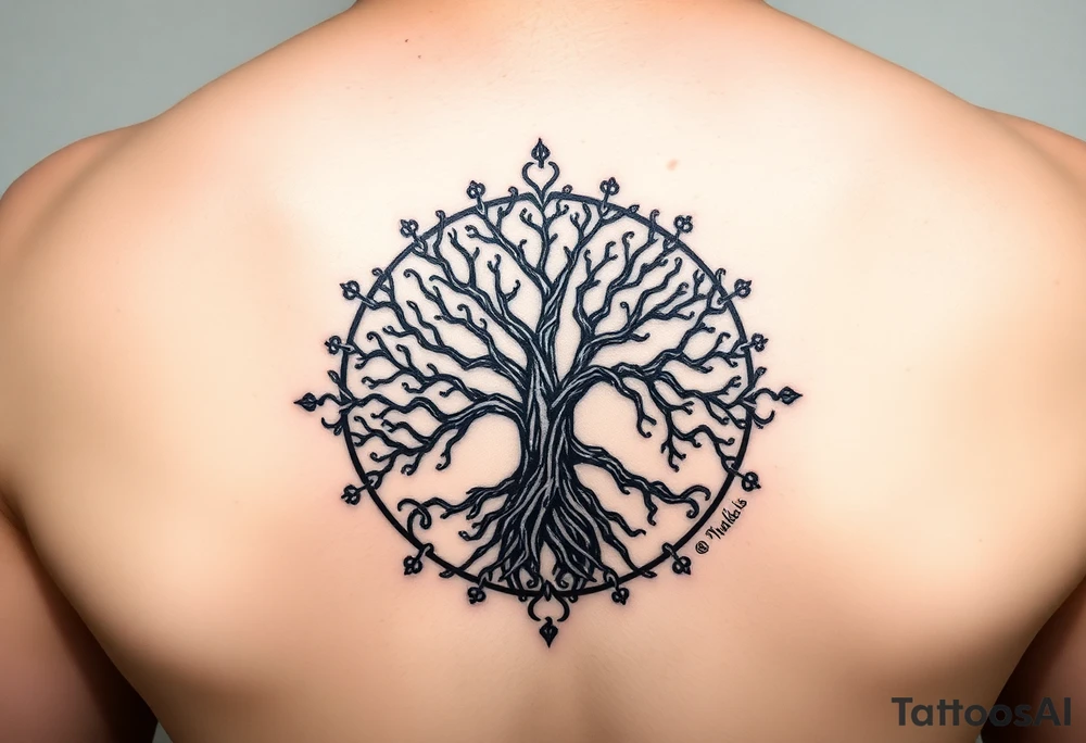yggadrisl tree of life with circle. Jai , Phoebe, Imogen, Matilda in the circle tattoo idea