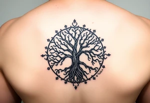 yggadrisl tree of life with circle. Jai , Phoebe, Imogen, Matilda in the circle tattoo idea