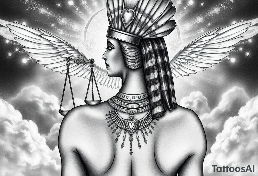 Beautiful Egyptian goddess and elegant body, depicted as a regal woman with an ostrich feather headdress, and intricate ancient Egyptian jewelry such as the Anhk necklace. Background includes something similar to heaven. Incorporate the Scales of Justice—one side holding a heart, the other Ma’at’s feather—glowing with ethereal energy. Emphasize dramatic lighting, deep shadows, and surreal, mystical atmosphere tattoo idea
