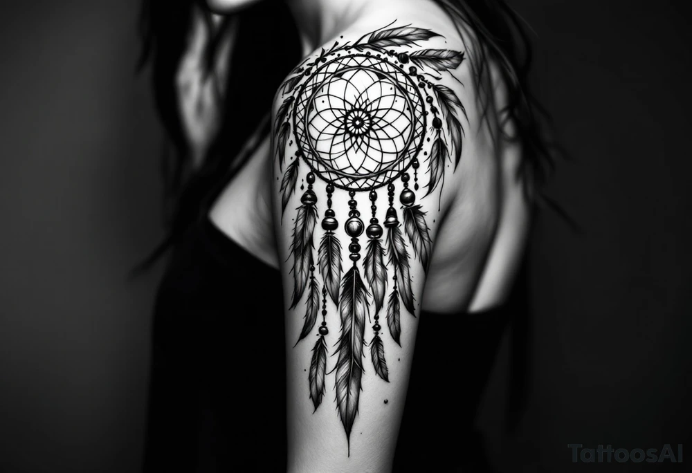 native dreamcatcher with flowing feathers and sacred beads tattoo idea