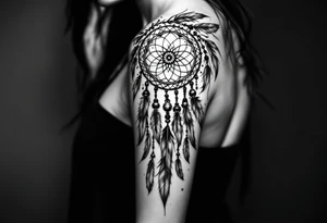 native dreamcatcher with flowing feathers and sacred beads tattoo idea