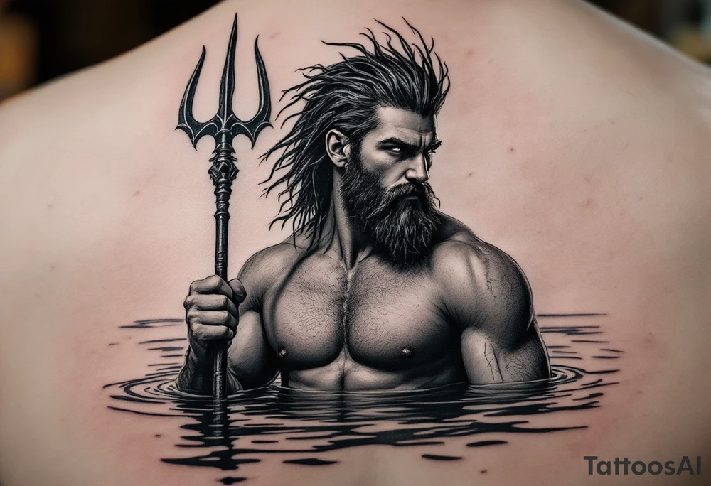 young, fit poseidon in calm water, holding a trident, holding a beer, looking at the horizon tattoo idea