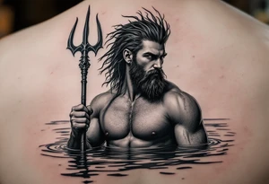 young, fit poseidon in calm water, holding a trident, holding a beer, looking at the horizon tattoo idea