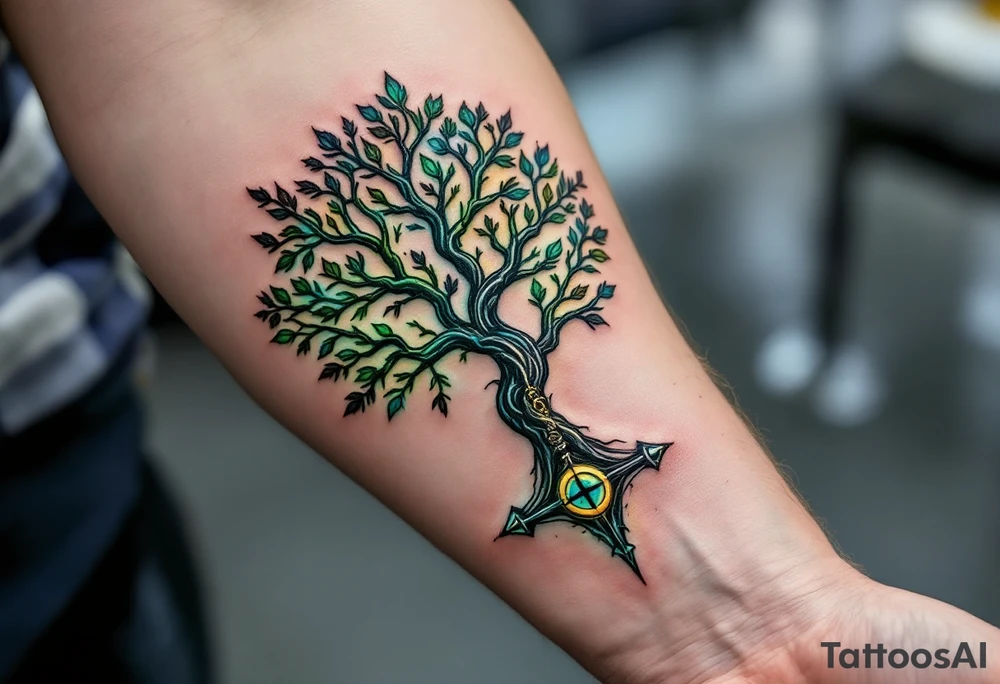 A Nordic tree of life (Yggdrasil) with Mjölnir hanging from one of its branches, glowing with divine energy in shades of green, blue, and silver. tattoo idea