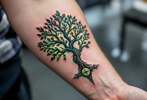 A Nordic tree of life (Yggdrasil) with Mjölnir hanging from one of its branches, glowing with divine energy in shades of green, blue, and silver. tattoo idea