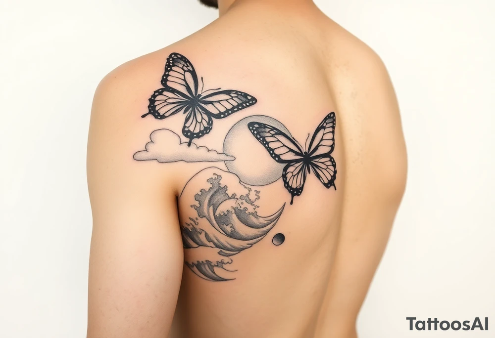 butterflies and the sun shining through clouds, with waves crashing in the background
half sleeve on the arm tattoo idea