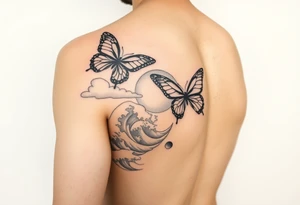 butterflies and the sun shining through clouds, with waves crashing in the background
half sleeve on the arm tattoo idea