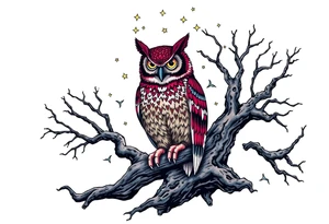 wise owl perched on ancient oak branch under starlit sky tattoo idea