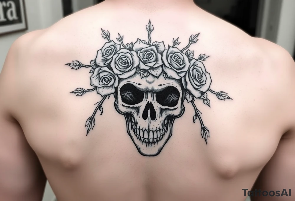 ornate skull adorned with crown of wild roses and thorns tattoo idea