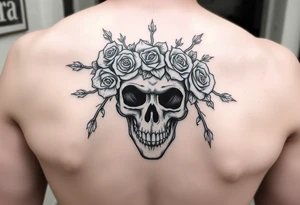 ornate skull adorned with crown of wild roses and thorns tattoo idea