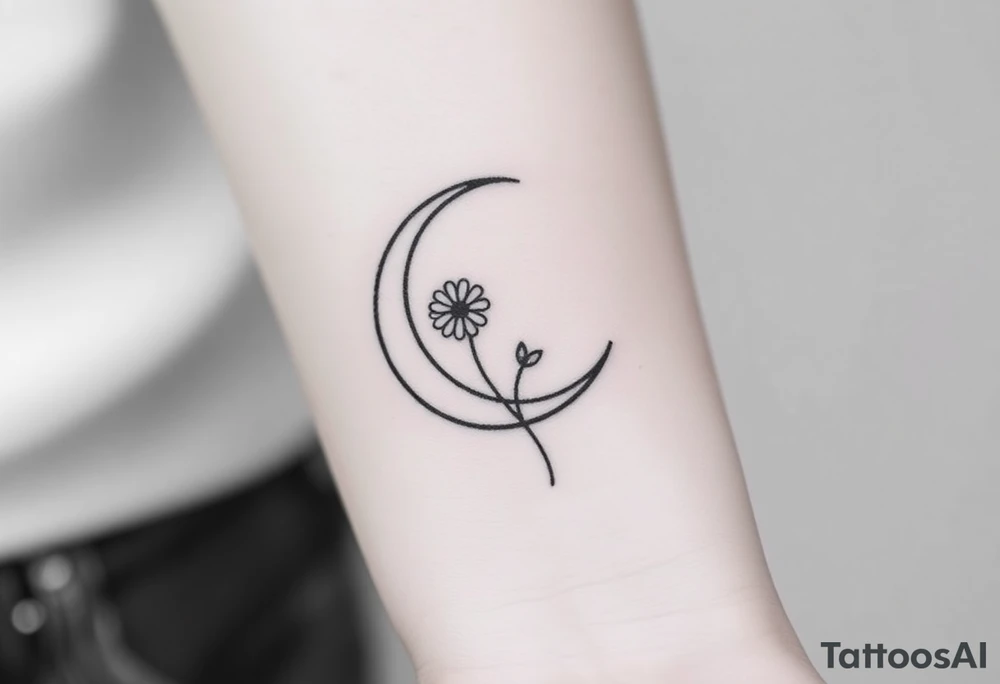 Small black and white tattoo waxing crescent moon with small Daisy birth flower and tiny Leo gliph tattoo idea