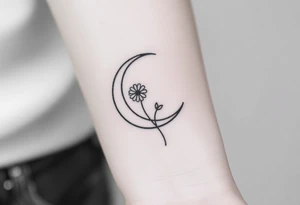 Small black and white tattoo waxing crescent moon with small Daisy birth flower and tiny Leo gliph tattoo idea