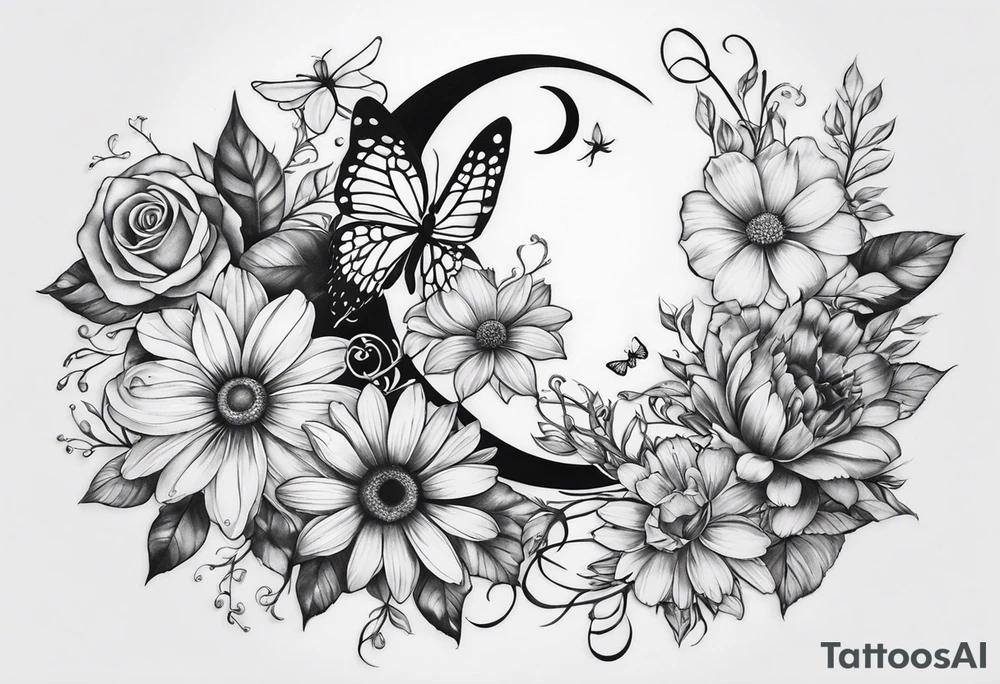 tattoo to represent that I have 3 children (girls). For inspiration I like flowers, the beach. Tattoo is for ribcage down side of body. I don't want images of women or girls in it. I want it pretty. To include daisy flowers and roses and buterfly, the moon tattoo idea