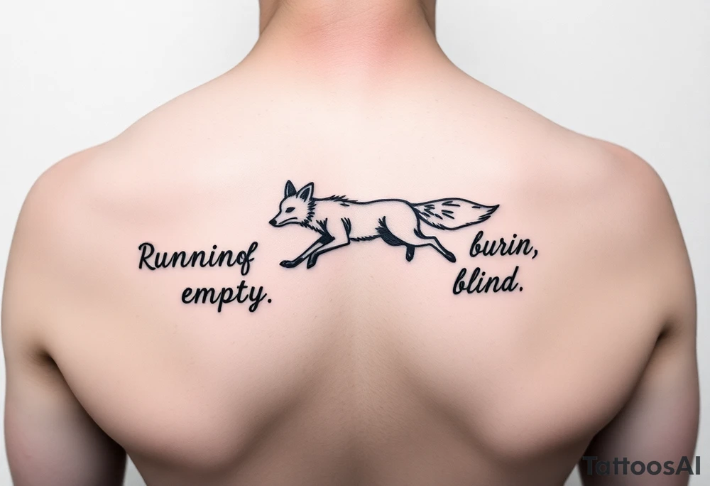 Lyrics to Jackson brownes runnin on empty. “Runnin on empty, runnin blind” with an outline sketch of a running fox in between  the two set of lyrics tattoo idea
