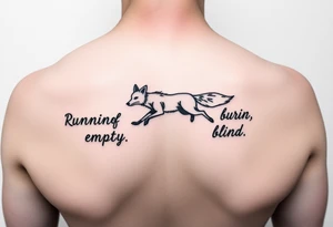 Lyrics to Jackson brownes runnin on empty. “Runnin on empty, runnin blind” with an outline sketch of a running fox in between  the two set of lyrics tattoo idea