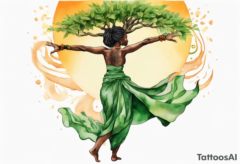 a tree trunk with roots that is a black woman from the waist up, feet made of tree roots, wearing a green tunic, arms stretched upwards towards the blazing sun tattoo idea